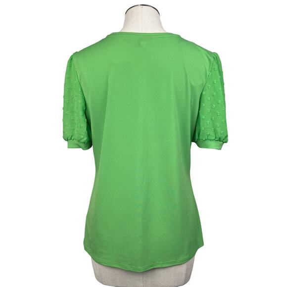 Carmen Womens Blouse Large Green Sheer Puff Sleeve Mixed Media Stretch Knit Top - Picture 4 of 10
